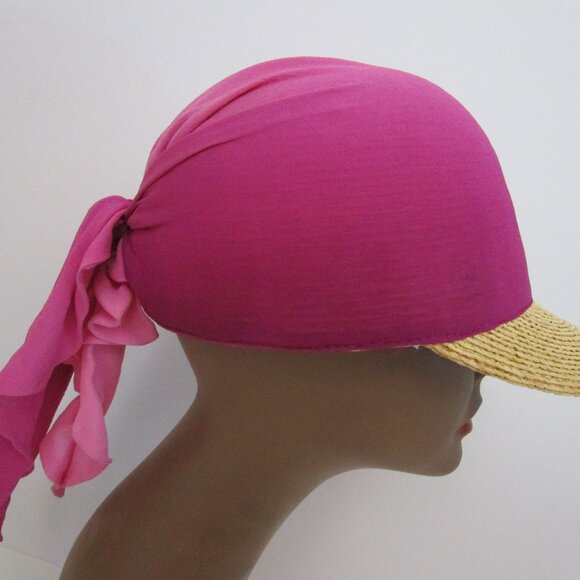 Natural Raffia Straw Visor Brim Cap Baseball Pink Silk Scarf main image 9